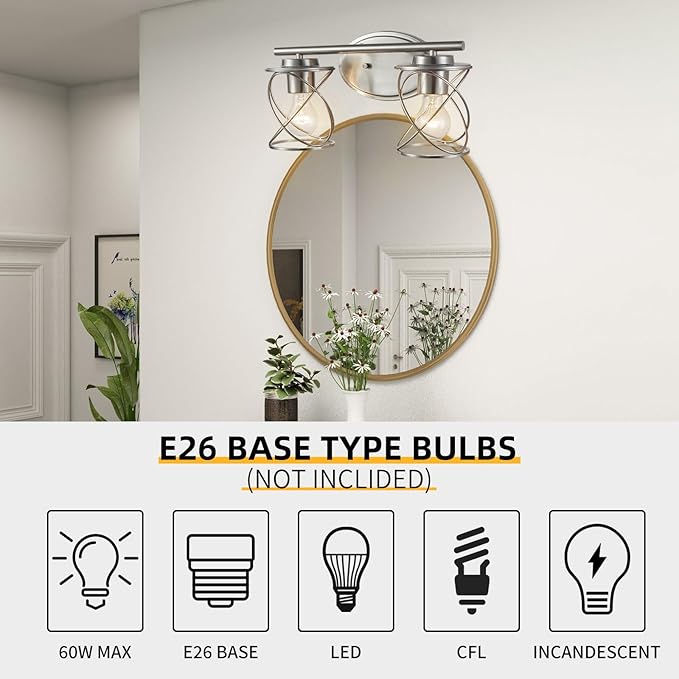 mavcadonf 2-Lights Vanity Lights, Bathroom Light Fixtures Over Mirror, Brushed Nickel Vanity Light, Farmhouse Wall Lights with Clear Glass Shade, Bathroom Wall Lamp for Mirror Kitchen Bedroom