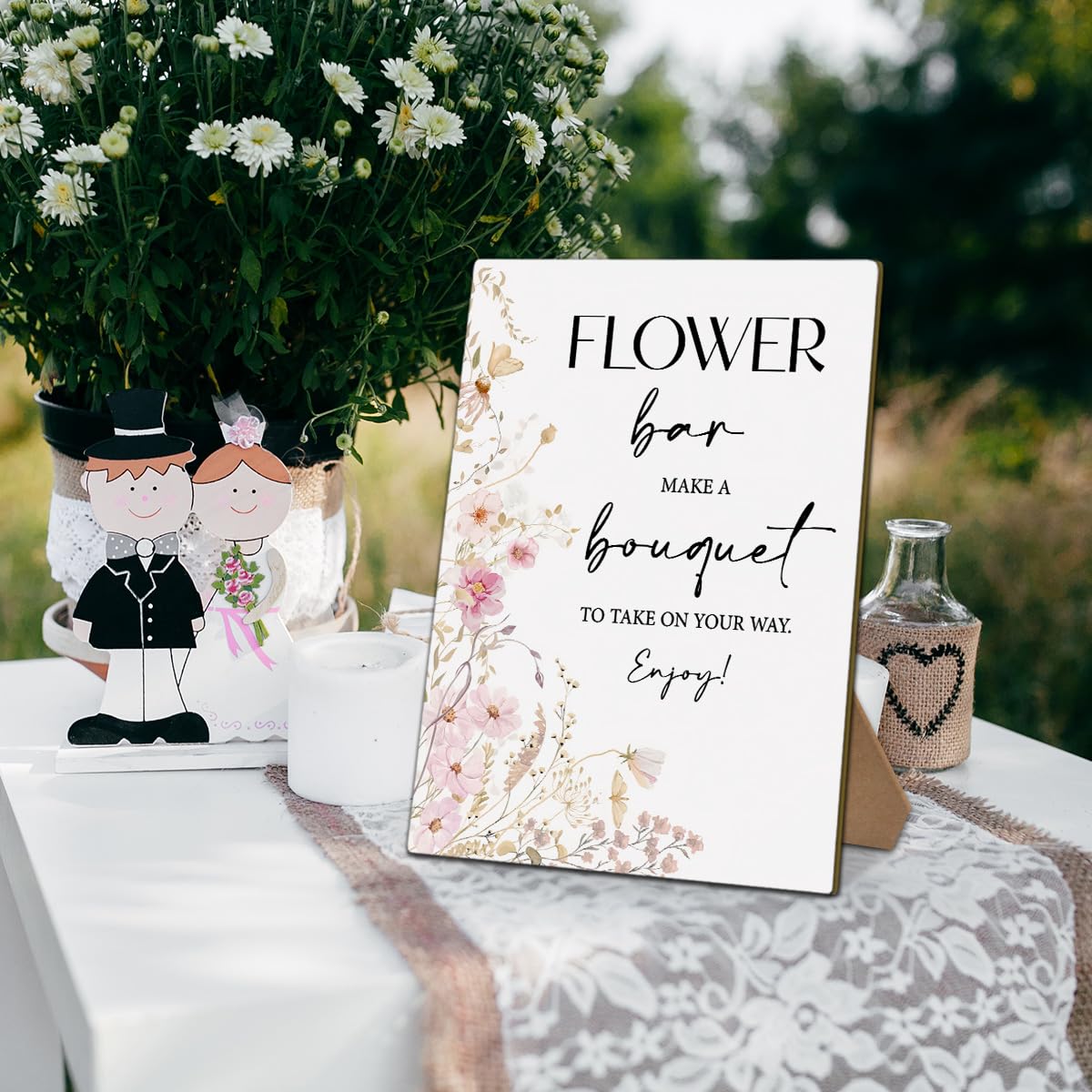 Floral Bloom Bar Sign Wedding Welcome Sign, Bridal Shower Wedding Engagement Bachelorette Party Desk Decorations, 8x11 Inch Wooden Sign with Stand-02