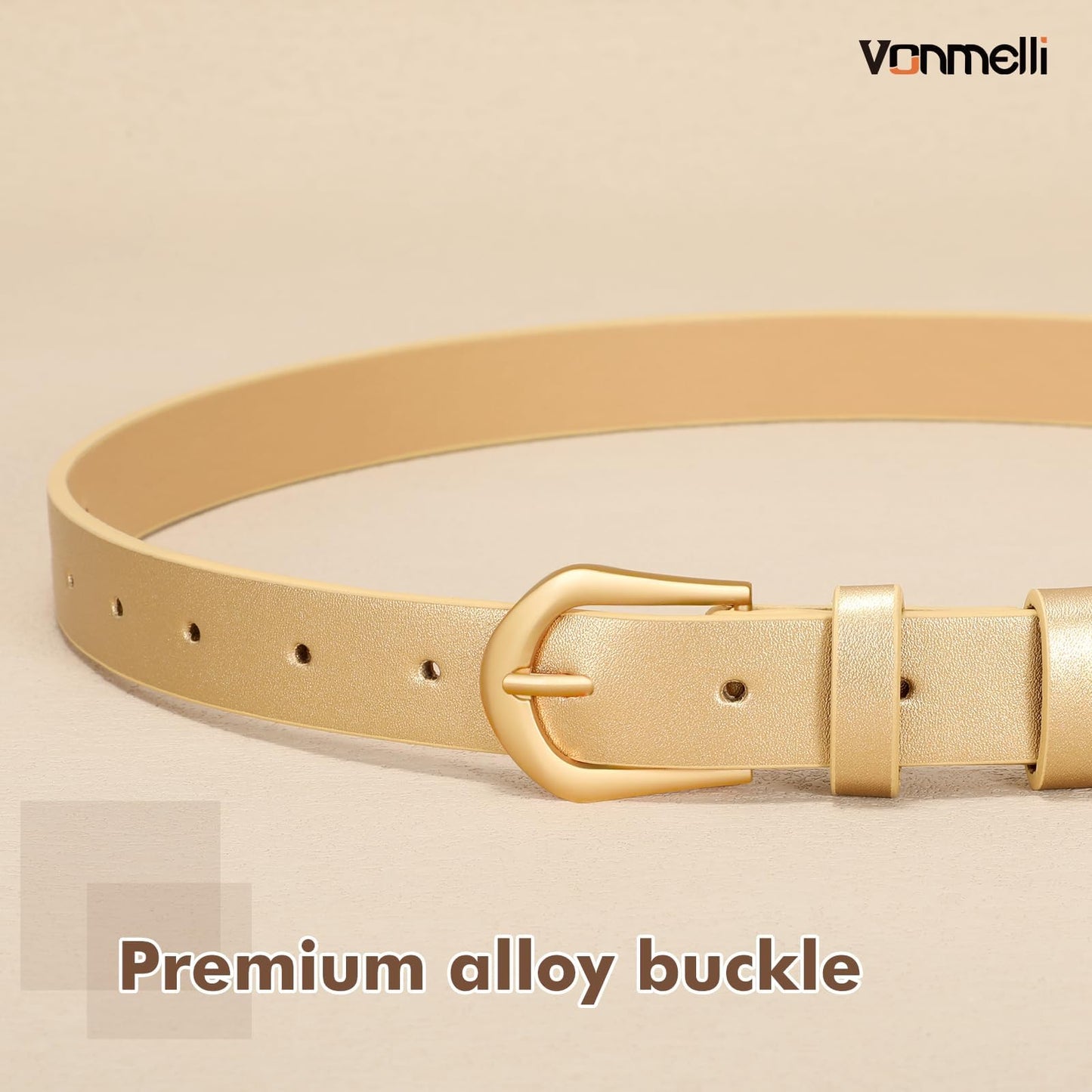 VONMELLI 4 Pack Womens Thin Leather Belt Skinny Waist Belts for Women Fashion Jeans Dress with Gold Buckle, Black Brown Beige Gold, XS