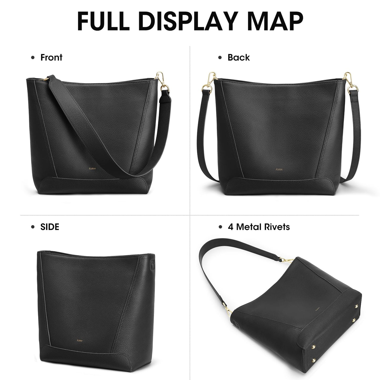 Kattee Leather Purses and Handbags Trendy, Bucket Bags for Women, Top Grain Leather Hobo Tote Shoulder Crossbody Bag with 2 Straps, Black