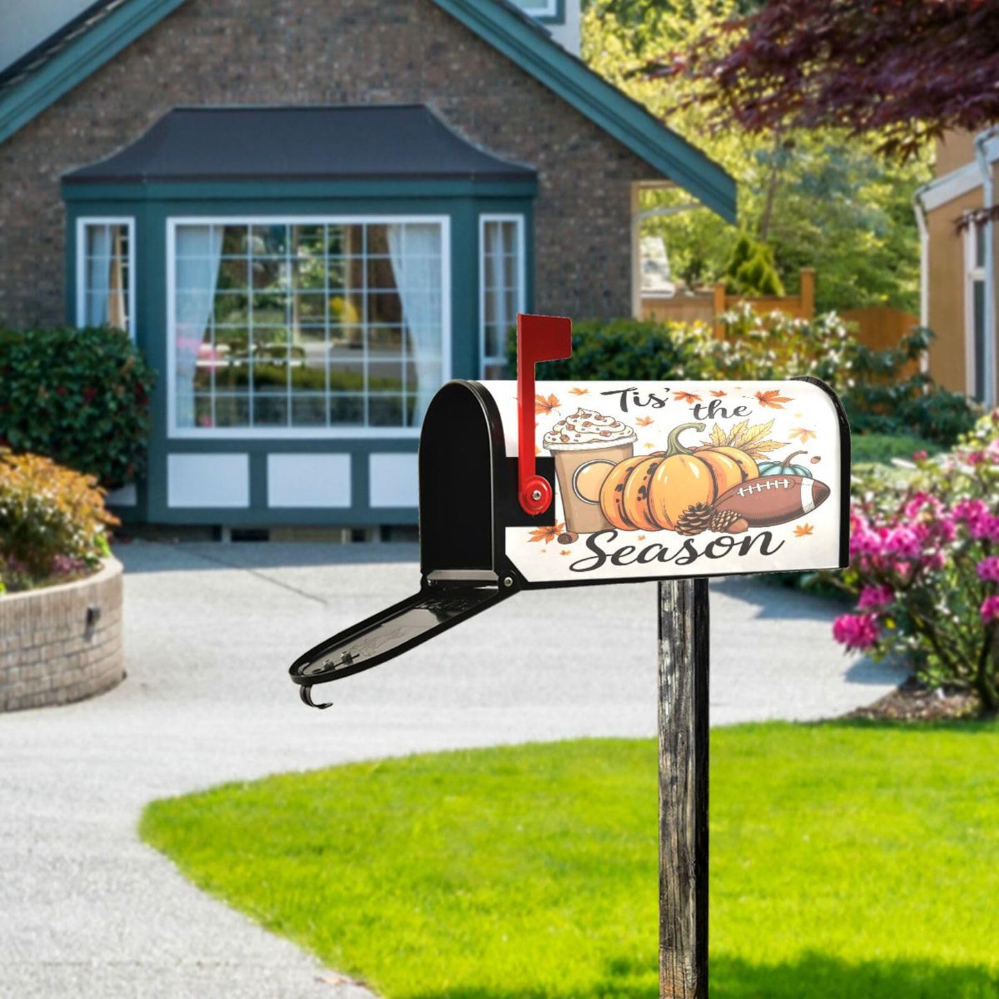 Fall Autumn Maple Leaf Pumpkin Football Magnetic Mailbox Cover MailWraps Garden Yard Home Decor for Outside Standard Size-18"x 20.8"