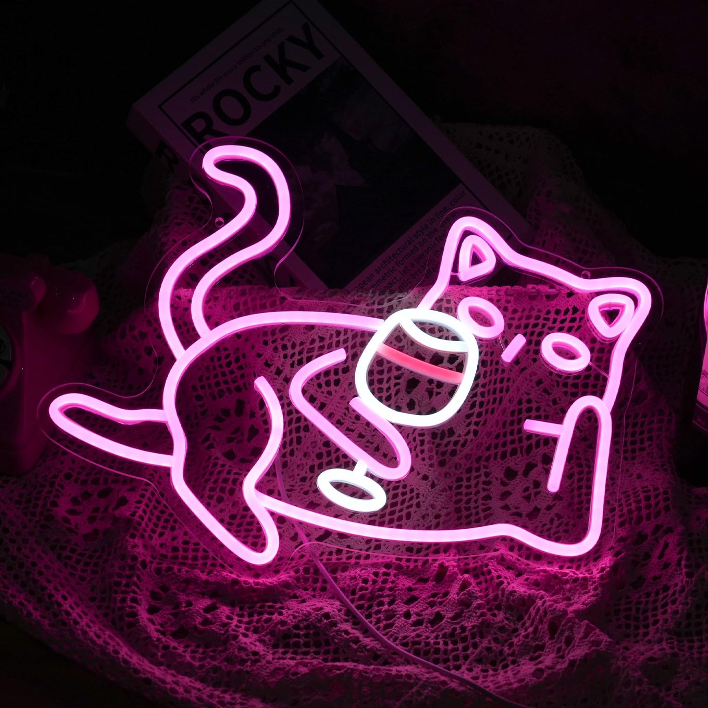 Cat Wine Glasses Neon Sign Dimmable LED Light Pink Cat For Wall Decoration Cocktail Neon Lights Powered By USB Light Up Signs For Bar Decor Living Room Cat cafe Art Dinning Room Cat Lover Gift
