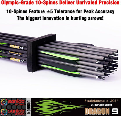 Sanlida 100% Pure Carbon Hunting Arrows - Olympic-Grade 10 Spine Deflection | 0.001" Straightness, 12/24 Pack