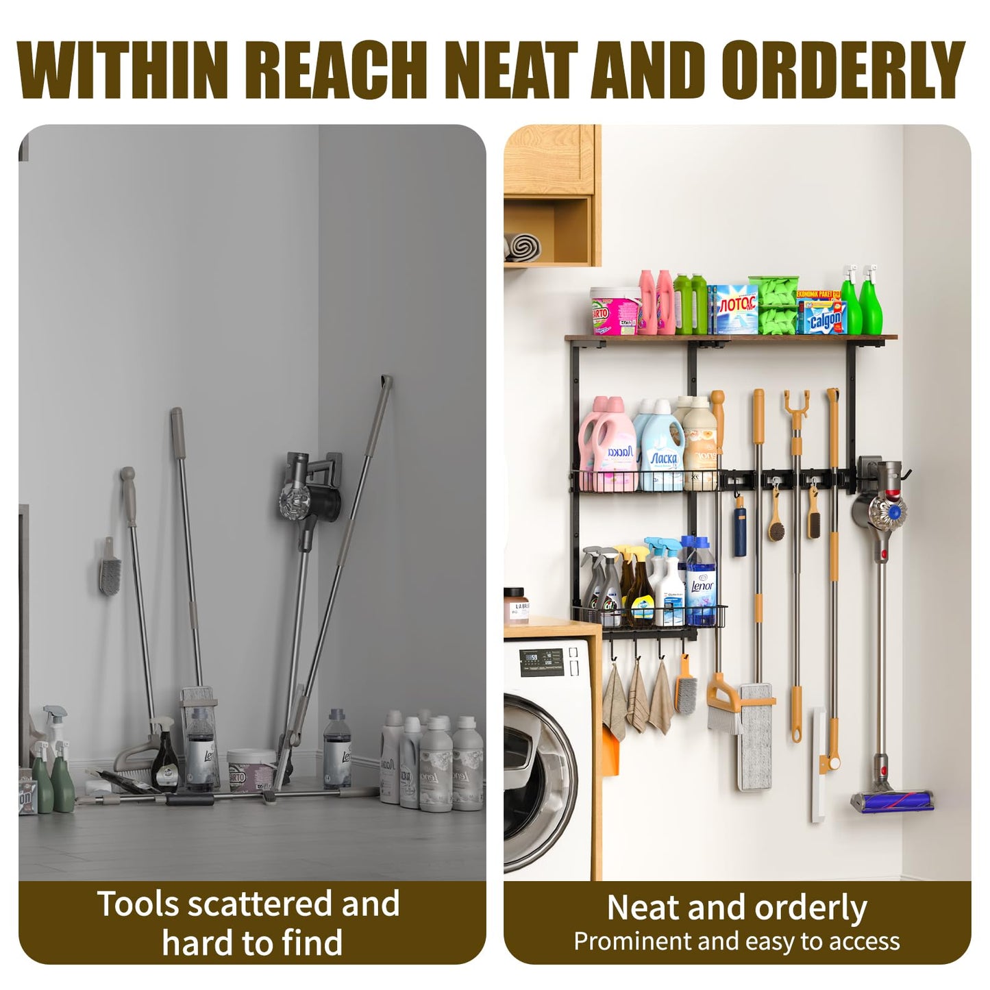 LYYKCCXYY Broom Holder Wall Mount，Mop Rack With Storage Basket,Diversity Laundry Room Cleaning Tool Storage container，Suitable Family Garage Kitchen Organization Wall-Mounted Rack (Black, Medium)