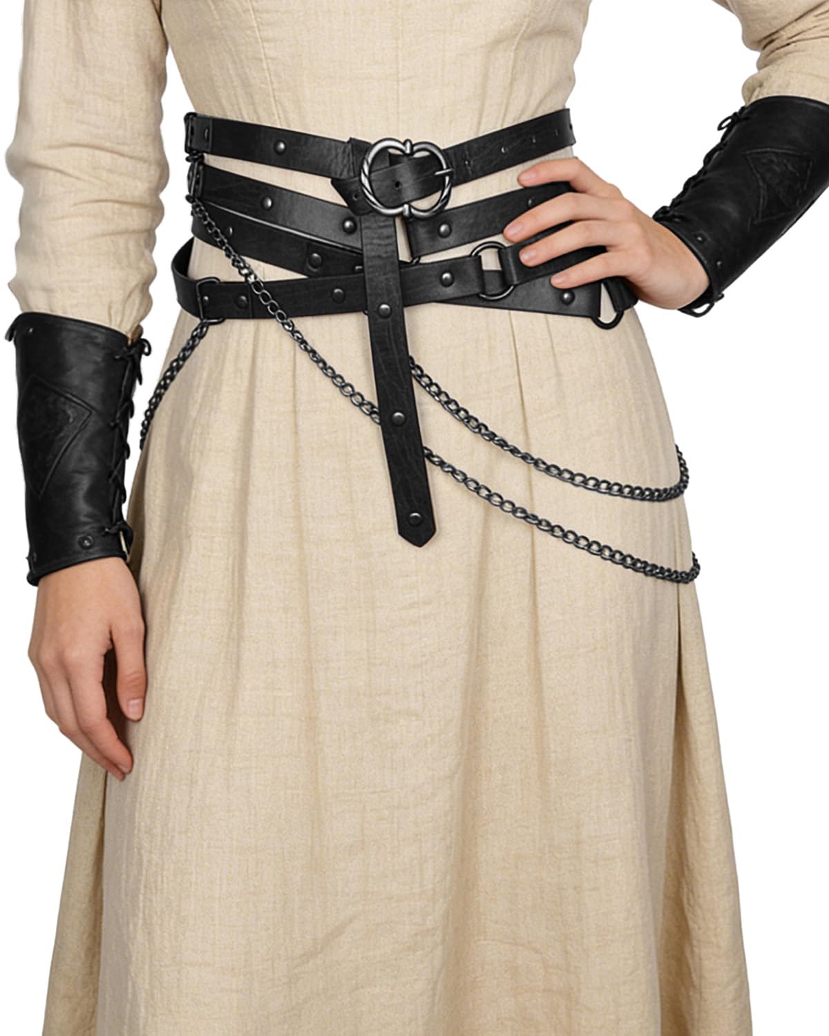 L'VOW Medieval Chain Leather Belt for Women Vintage Thin Belt for Renaissance Dresses Cosplay(StyleA,Black)