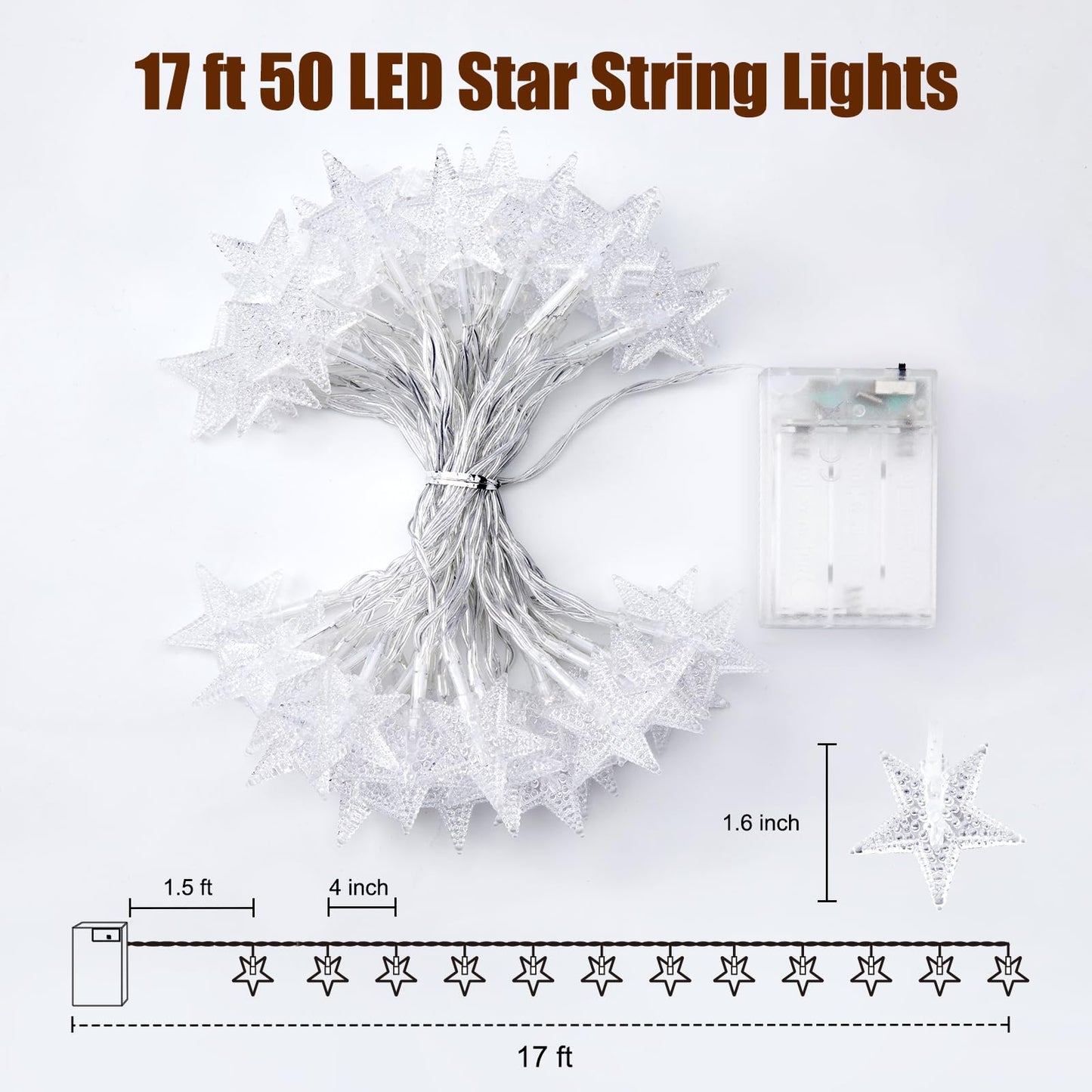 Minetom Star String Lights Battery Operated - 17 ft 50 LED Star Fairy String Lights with Timer, Waterproof for Indoor Bedroom Tent Loft Bed Patio Party Wedding Ramadan Decorations, Warm White