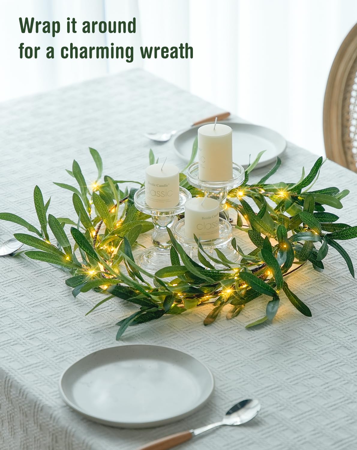JMEXSUSS Artificial Olive Lighted Garland for Fireplace Decor, 100 LED 6 Ft Christmas Mantel Garland Fairy Lights Battery Operated, Vines with Lights for Table Bedroom Wedding Easter Spring Decoration