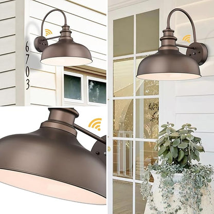 Bestshared 16 Inch Dome Large Dusk to Dawn Sensor Gooseneck Barn Light Anti-Rust Farmhouse Outdoor Wall Sconce Industrial Exterior Wall Lighting Fixture, Outside Lantern G (ORB+White, 16” Dome-1Pack)