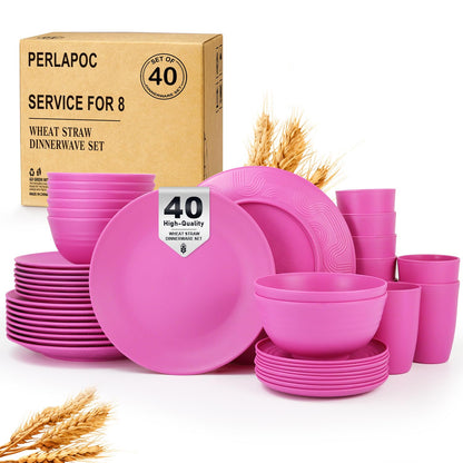 Wheat Straw Dinnerware Set 40-Piece Service for 8 Unbreakable Dishes Set Plates and Bowls Sets Drinking Glasses Microwave Safe Dish Set Lightweight Dinnerware Set for Home & Kitchen - Yellow