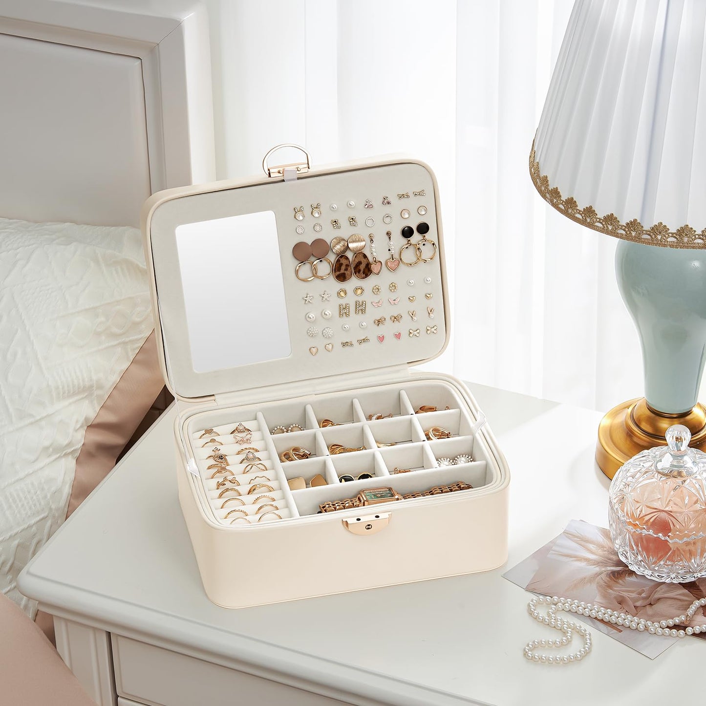 Lolalet 2 Layer Jewelry Box with Lock and Key for Teen Girls & Young Women, Jewelry Organizer Case with Round Clasp and Mirror for Earrings Rings Necklaces Storage, Gift Idea -Cloud White