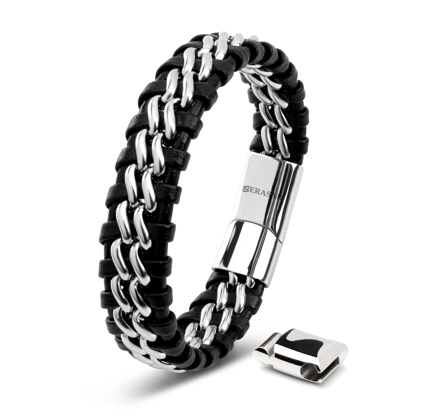 SERASAR 8″ Silver Leather Bracelets for Men Mens Cowhide Gift Box Braided Bracelet Stainless Steel Jewelry Wrist Band Cuff Wrap Rope Bangle Dad Pulseras para Hombres Cuero Regalo
