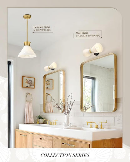 Indoor Wall Sconces, HWH Hardwired Black and Gold Bathroom Sconces Wall Lighting with Frosted Milk White Striped Glass, Modern Sconces Wall for Bathroom Hallway, 5HZG97B-2W BK+BG