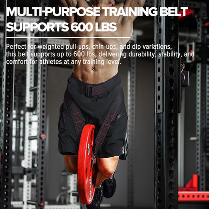 Belt for Belt Squat Dip Belt Weighted Pull Up, Heavy Duty with Structured Back Support and Squat Machine Compatible (Black&Red)