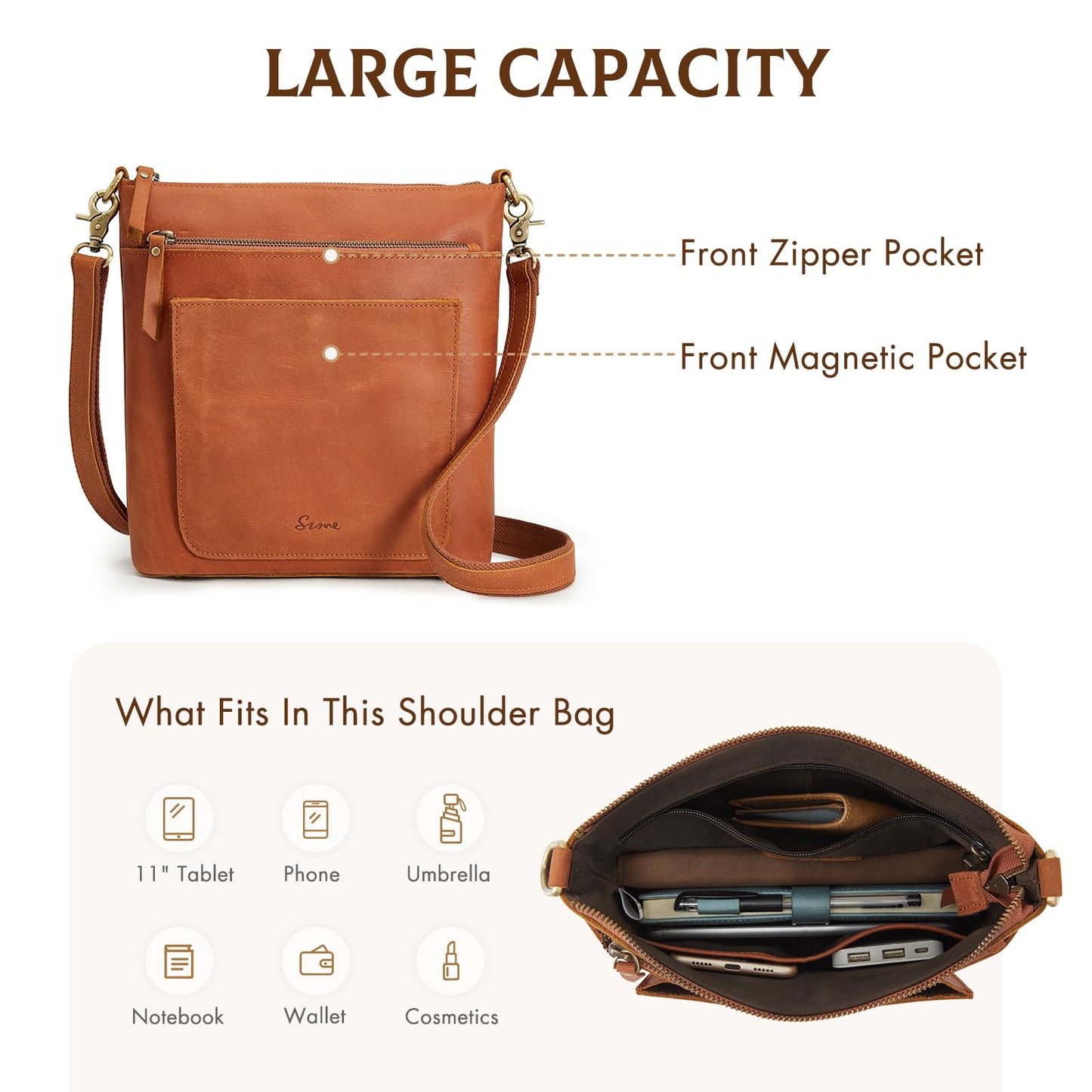 S-ZONE Leather Crossbody Bag for Women Vintage Cross Body Bags Shoulder Purse Ladies Medium Handbag with Multi Pockets