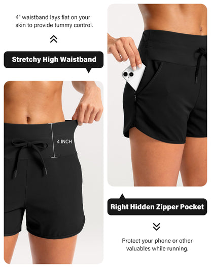 Soothfeel Women's Athletic Running Shorts with Zipper Pockets 3" High Waisted Workout Active Gym Shorts for Women with Liner Black Medium