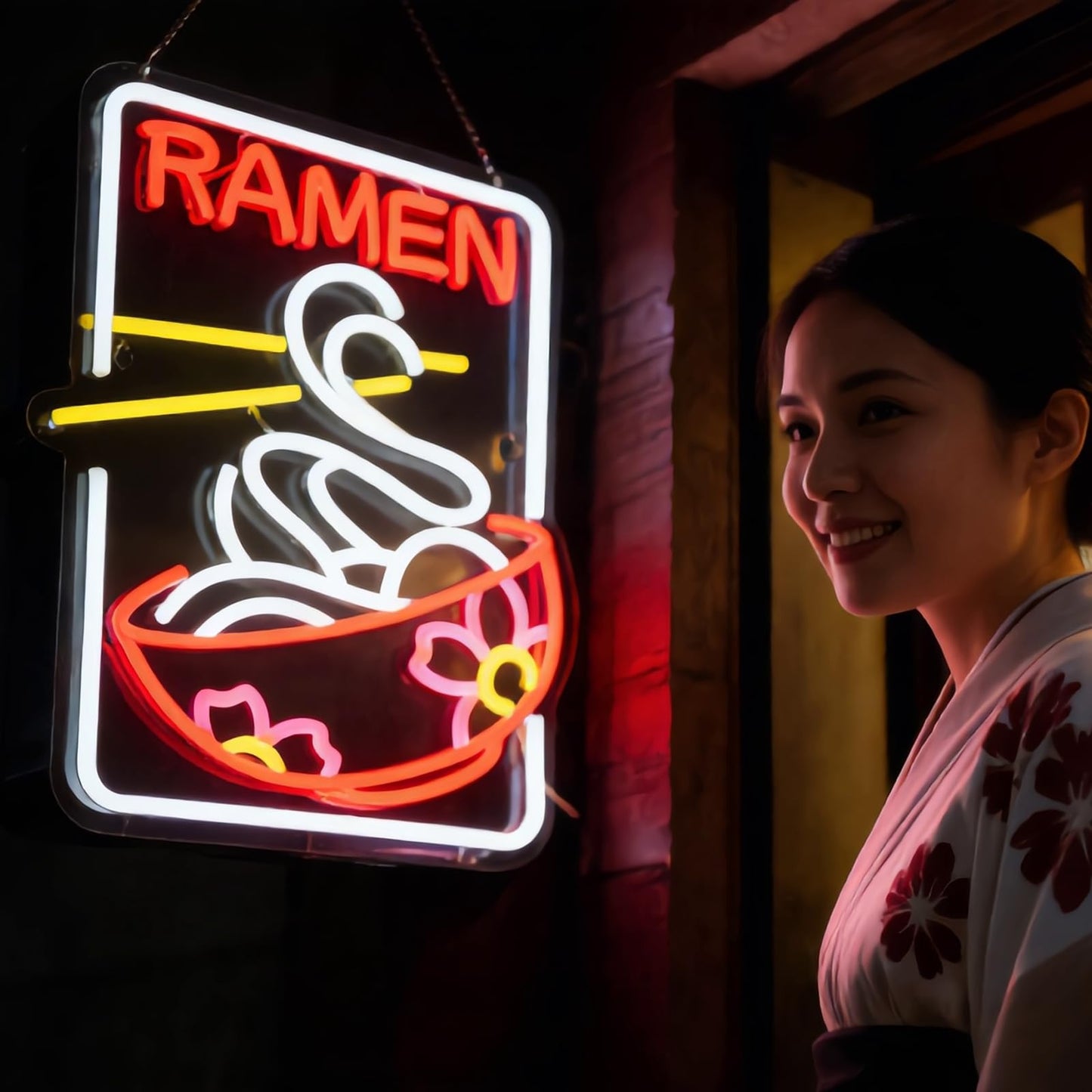 Ramen Neon Sign Sakura Ramen Neon Sign for Wall Decor Japanese Noodle USB Dimmable Neon Light Sign for Kitchen Restaurant Home Pub Party Man Cave Club Shops Hotel Store Business Gift