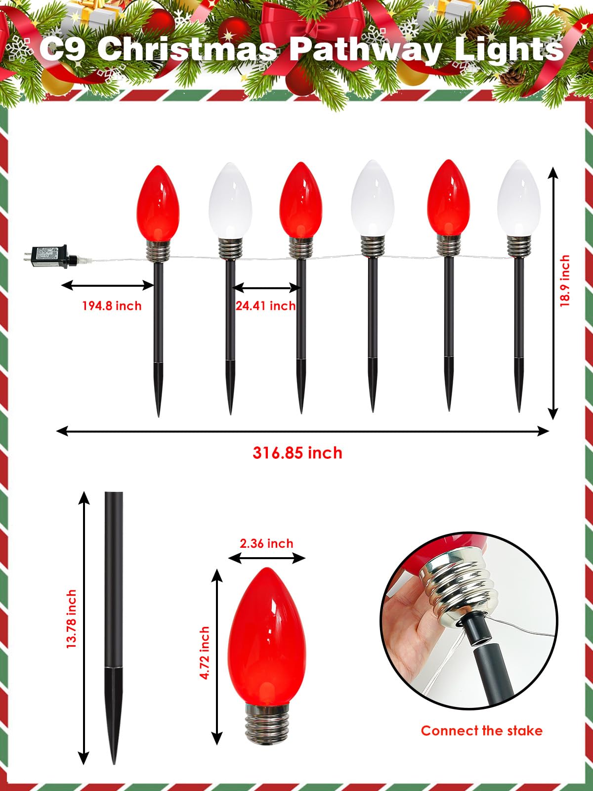 6 Pack Large C9 Christmas Decorations Outdoor, Waterproof C9 Christmas Lights Plug in with 2 Modes and Timer, Pathway Lights for Party Indoor Yard Patio Walkway Garden Xmas Decoration (Red and White)