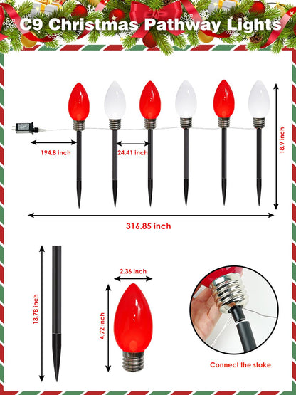 6 Pack Large C9 Christmas Decorations Outdoor, Waterproof C9 Christmas Lights Plug in with 2 Modes and Timer, Pathway Lights for Party Indoor Yard Patio Walkway Garden Xmas Decoration (Red and White)