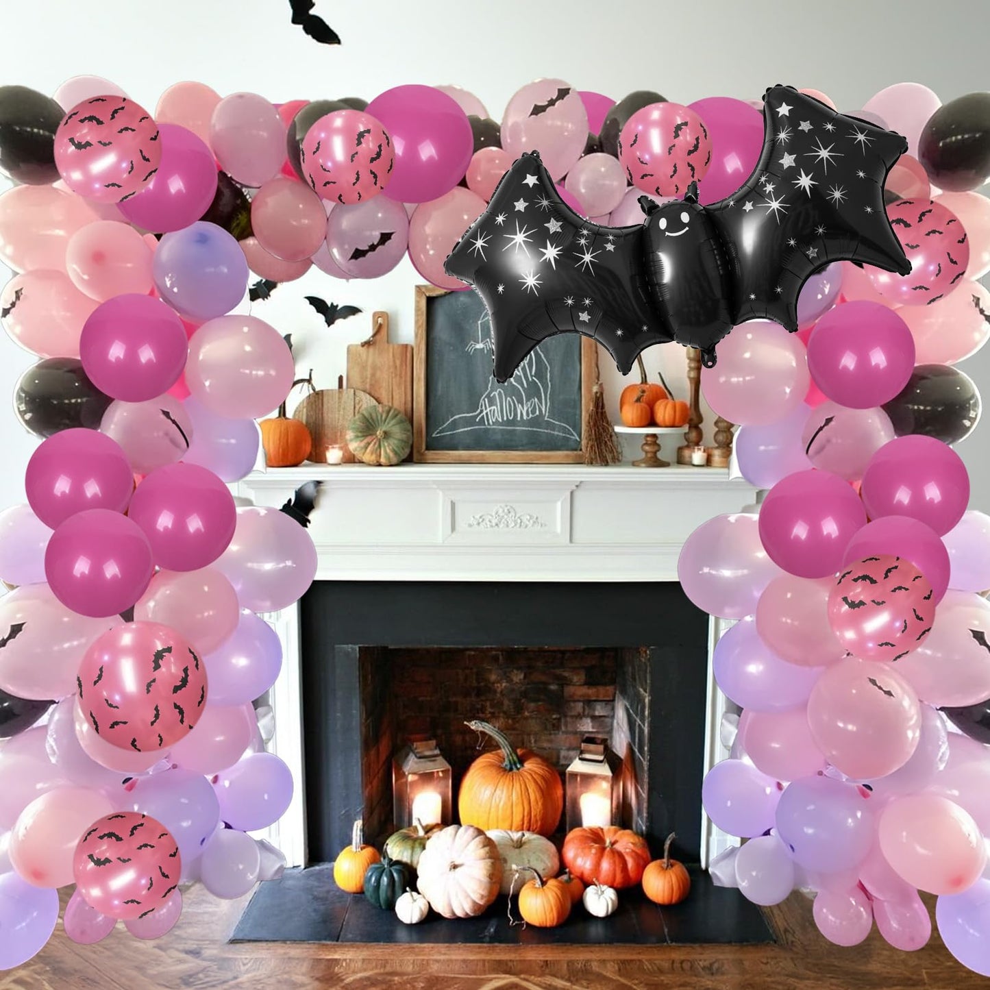 Halloween Balloon Arch Kit 102Pcs Hot Pink Purple Black Balloon Garland with Halloween Bat Foil Rose Red Balloons for Trick or Treat Day of the Dead Spooky Boo Ghost Haunted House Party Decorations