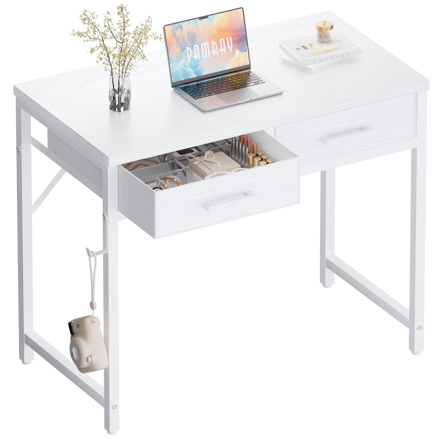 Pamray 32 Inch Small Computer Desk with 2 Drawers for Bedroom Study Writing Home Office Table for Small Spaces White