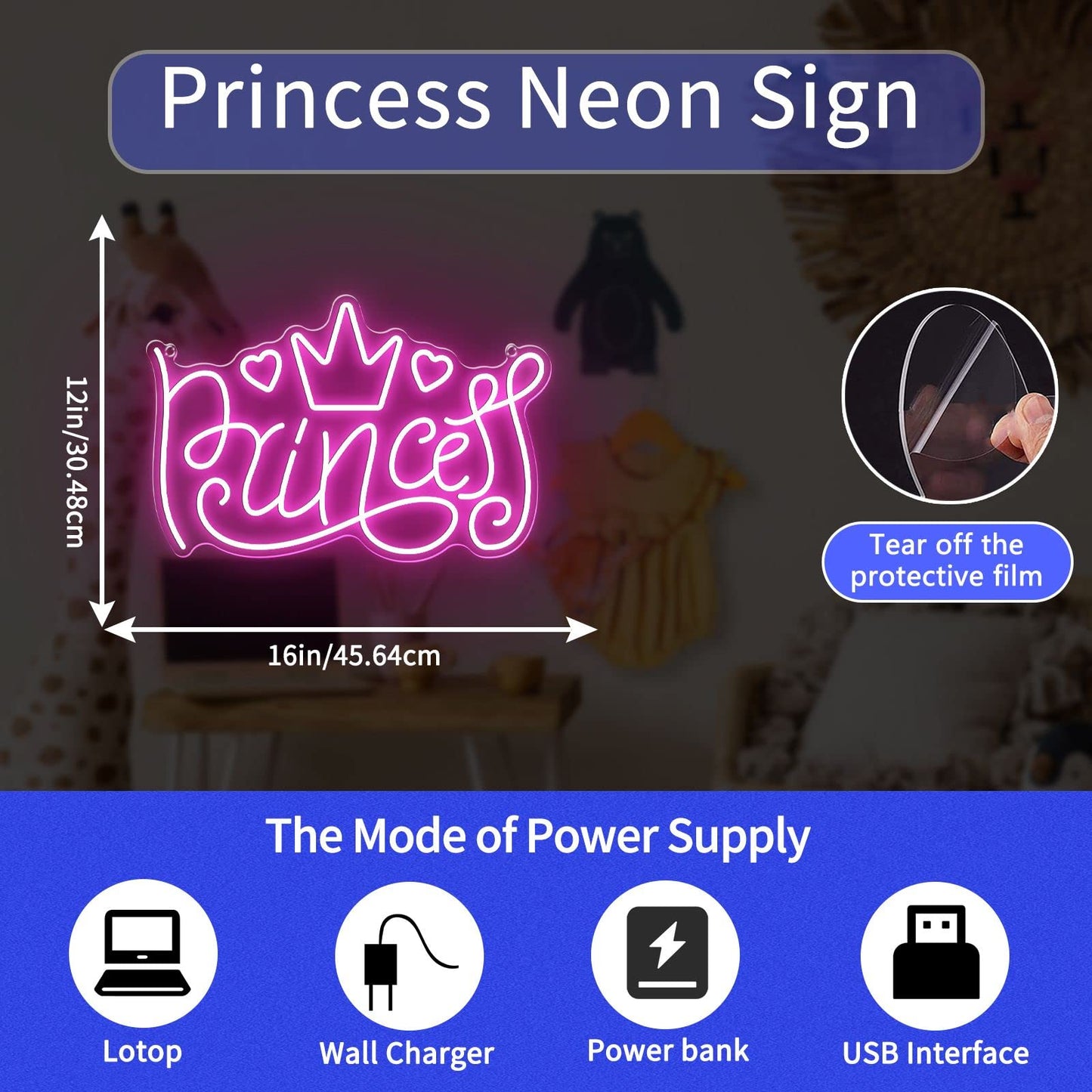 Princess Neon Signs for Wall Decor, Large LED Lights Sign Unique Art Ornaments with Switch, Chirstmas Birthday Party Decoration, Gift for Girl Boys.