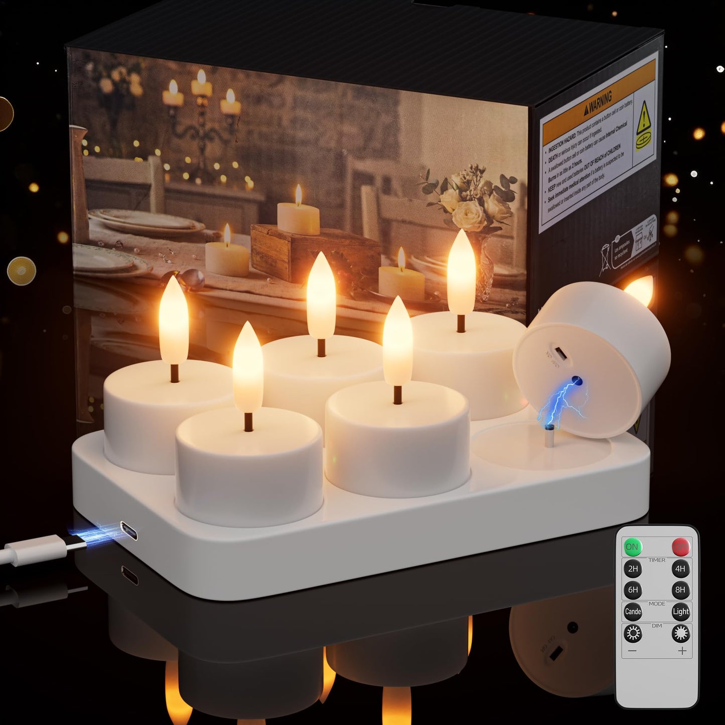 Kimjo Rechargeable Flameless Tea Lights Candles with Charging Base & Remote Timer, 6Pcs Battery Operated LED Candles, Flickering Electric Fake Tealight for Wedding Halloween Christmas Decor