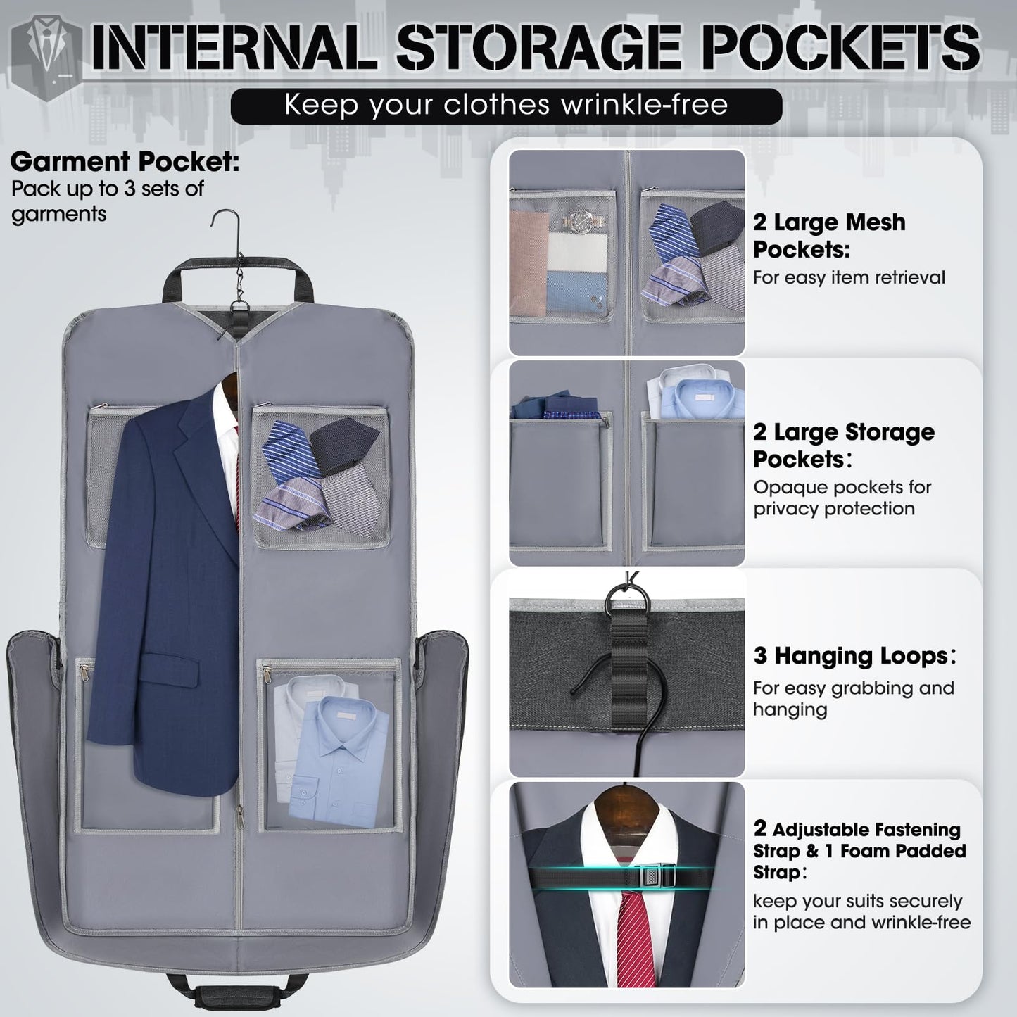RAINSMORE Garment Bags for Travel Carry On Garment Bag for Hanging Clothes, Suit Bag for Business Trips with Shoes bag & Shoulder Strap, Waterproof Foldable Suit Luggage Bag for Men Women, Gray