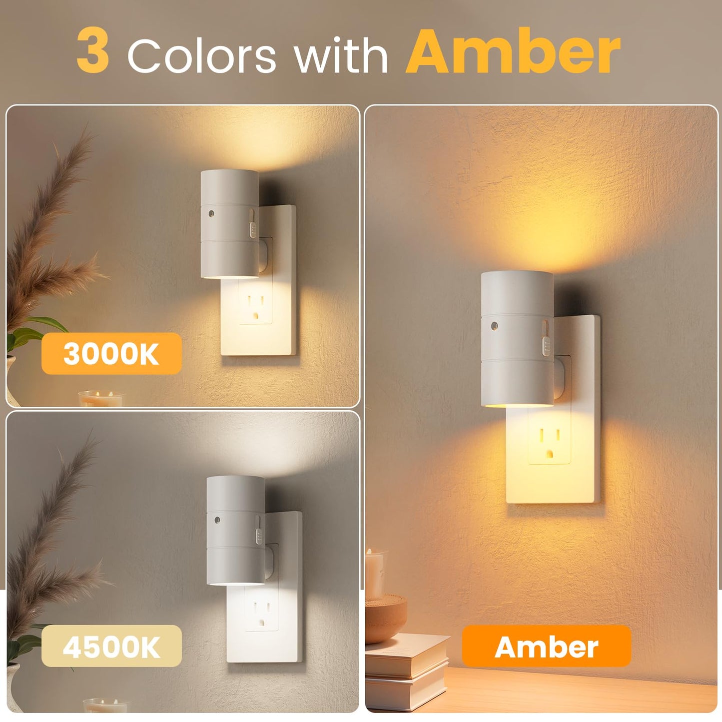 VOLISUN Night Light, Dimmable Led Night Lights Plug into Wall, Amber/3000K/4500K, 0-100LM Adjustable Brightness, Dusk to Dawn Nightlight for Hallway, Bathroom, Bedroom White 2 Pack