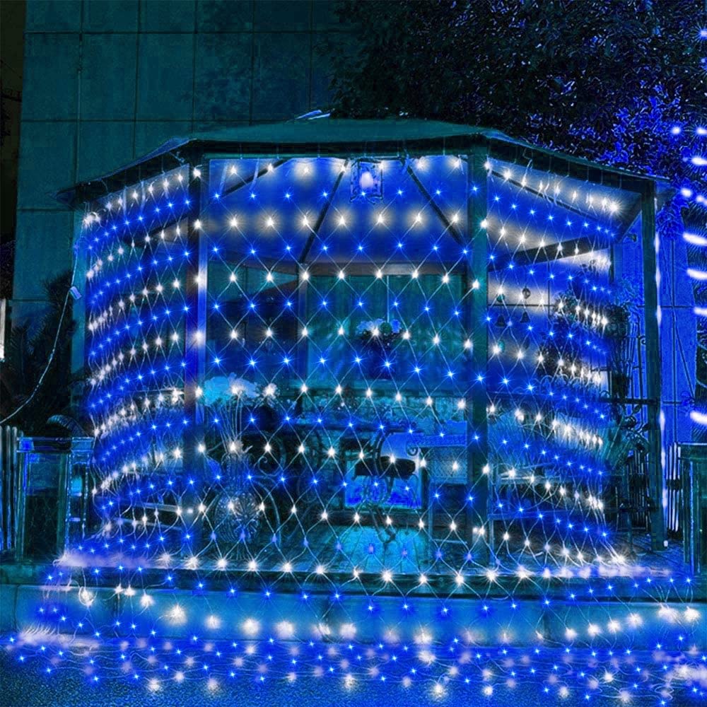 weillsnow 198 LED 9.8ft x 6.6ft Christmas Net Lights, Connectable 8 Lighting Twinkle Modes Mesh Lights for Christmas Outdoor Patio Garden Bush Fence Decorations (Blue & White)