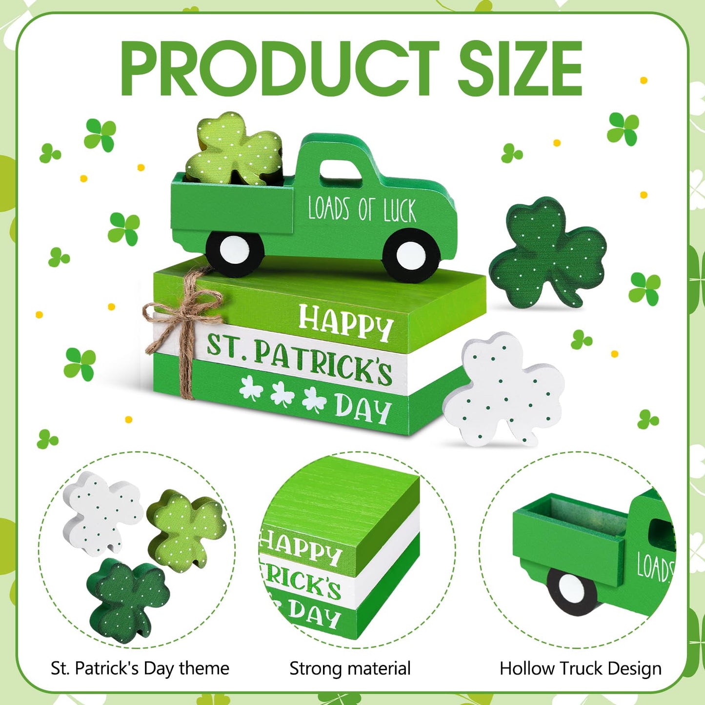 DoubleFill 7 Pcs St Patricks Day Decorations St Patricks Day Tiered Tray Decor Irish Wood Lucky Shamrock Table Centerpiece Decor 3 Faux Books Bundle with Twine Green Truck Sign for Bookshelf Home Gift