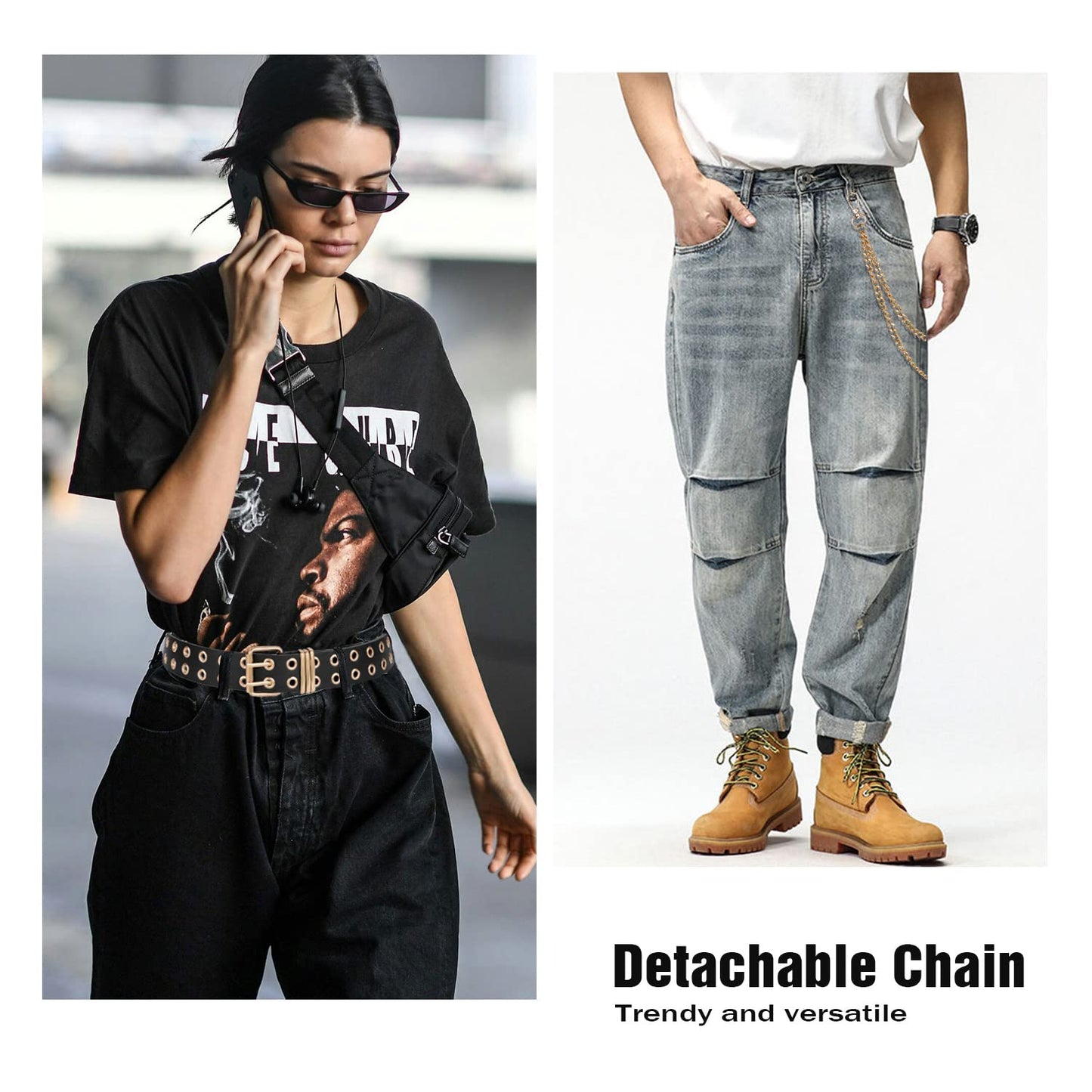 FIORETTO Double Grommet Leather Belt with Detachable Chain Women Men Punk Rock Waist Belts for Jeans Pants Double Holes (with Gold Chain)