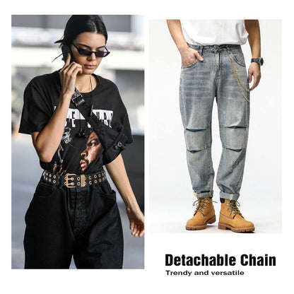 FIORETTO Double Grommet Leather Belt with Detachable Chain Women Men Punk Rock Waist Belts for Jeans Pants Double Holes (with Gold Chain)