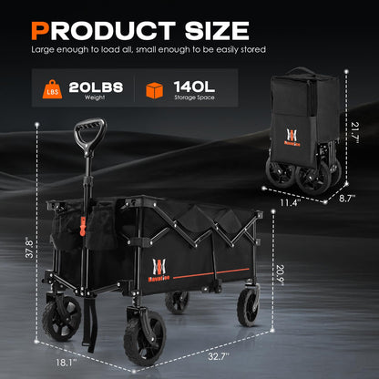 Navatiee 140L Collapsible Folding Wagon, Large Capacity Foldable Wagon with Silent All-Terrain Wheels, Utility Grocery Cart for Camping Shopping Outdoor, Black