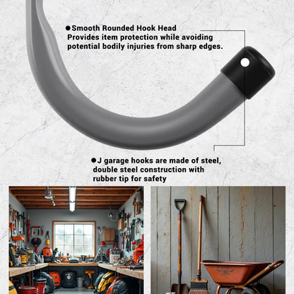 HOME MASTER HARDWARE 12 Pack 4-Inch Heavy Duty Garage Storage Wall Hooks, Steel J Utility Hooks for Hanging Ladders, Tools, Bikes, Grey