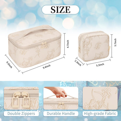 OCHEAL Makeup Bag Set, Portable Travel Makeup Bags Cosmetic Organizer Bag for Women Cute Floral Cosmetic Pouch Large Capacity Make up Bag PU Leather Toiletry Bags with Divider and Handle-Beige