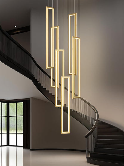 Flashing God Modern Chandelier,Gold Chandeliers with 6 Ring Led Foyer Chandeliers,Larger High Ceiling Chandelier for Living Room,Rectangle Chandelier for Entryway Staircase LED Dimming 2700k-6001k