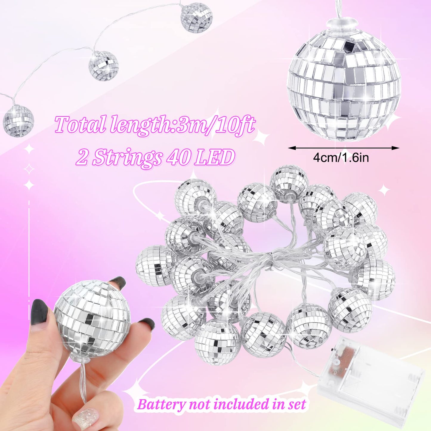 Nosiny 40 Disco Ball String Lights Mirror LED Party String Light Disco Party Decorations for Christmas Wall Tree Outdoor Patio Garden 9.84 Inch Per Piece