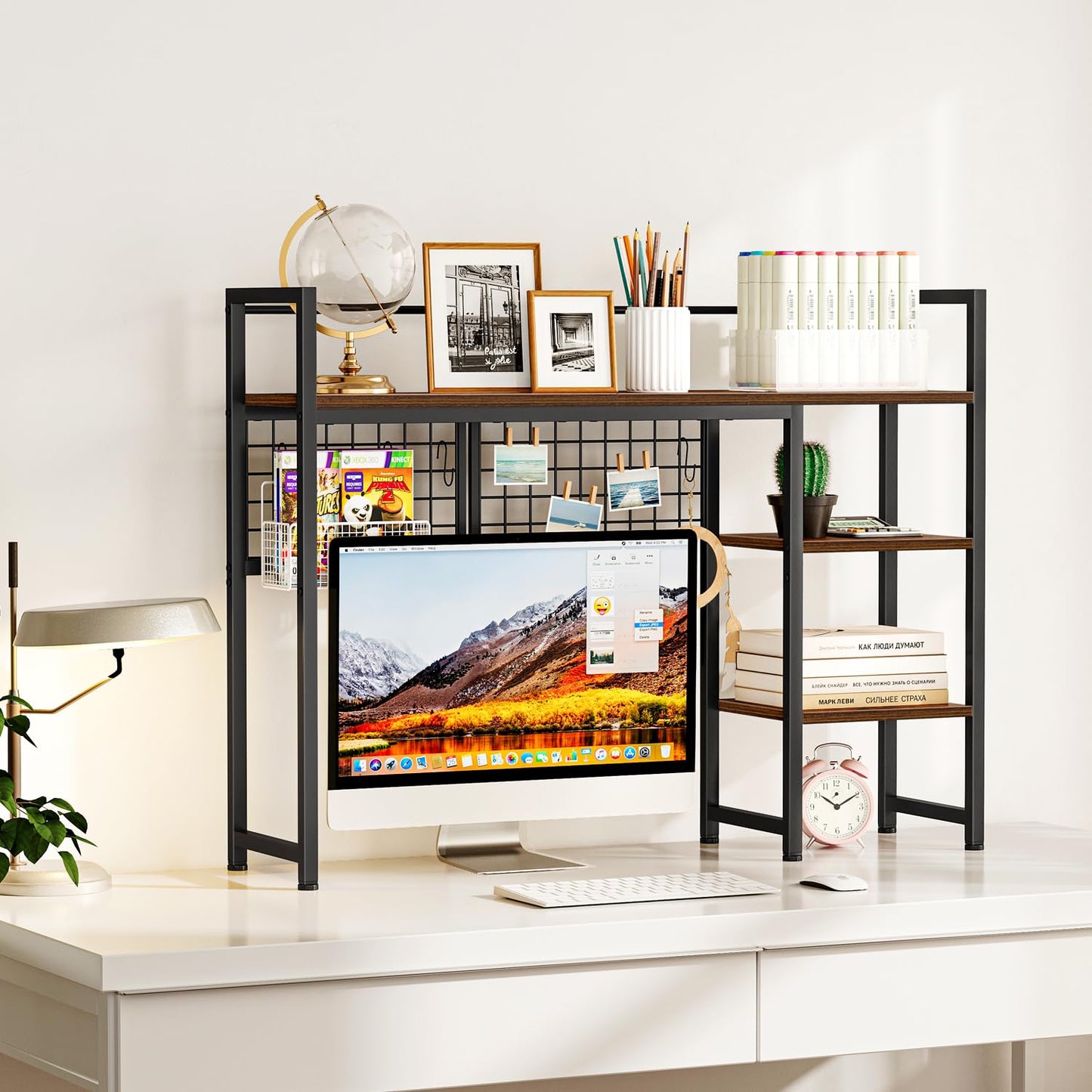 Snughome Desk Shelf, 38.6" Desktop Organizer Shelf, Desk Hutch for Computer Monitor, 4 Tier Desk Display Rack with Pegboard Hooks Set, Wood Desktop Bookshelf for Home Office Dorm