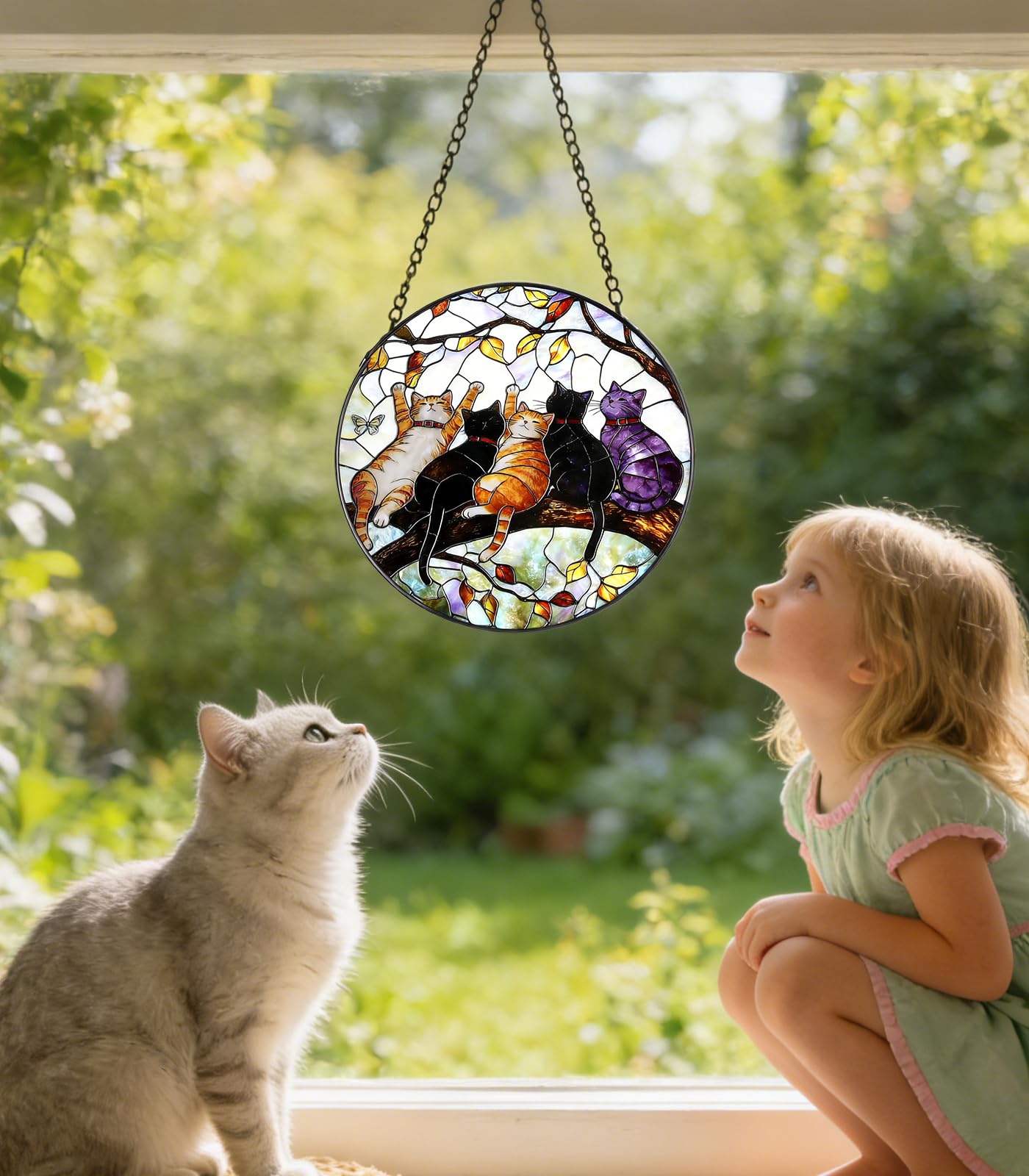 NGOKPYD Cat Stained Glass Window Hanging - 5 Happy Kittens on a Branch Suncatcher for Window Doors Home Decoration and Christmas, Mother's Day Birthday Gifts for Women Men Mom 6.3x6.3 inch