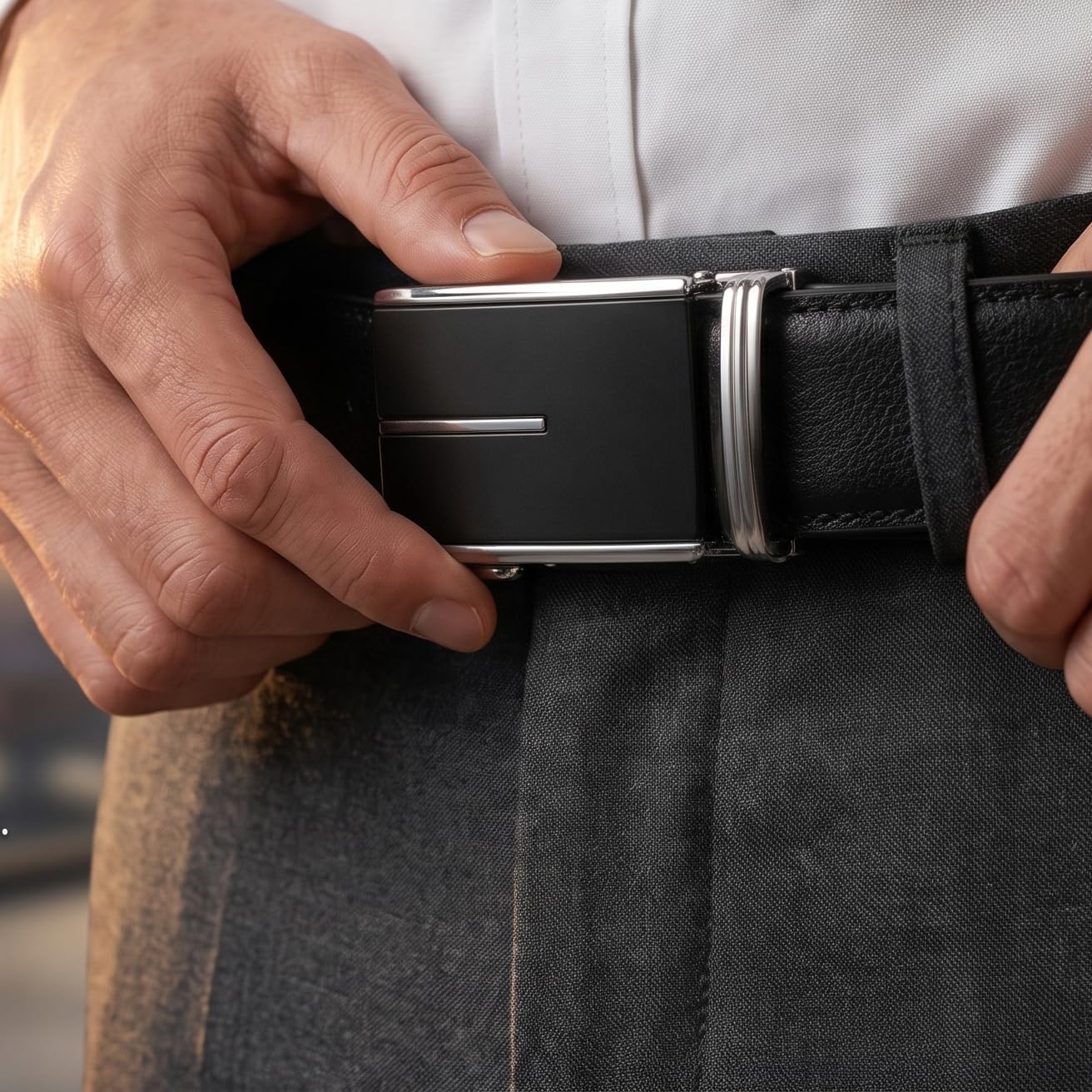 JINIU Mens Ratchet Belt Genuine Leather – Automatic Click Buckle Dress Belt with Minimalist Matte Black & Silver Design, Adjustable Trim to Fit Belt for Business, Work and Casual KT1 43"