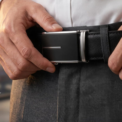 JINIU Mens Ratchet Belt Genuine Leather – Automatic Click Buckle Dress Belt with Minimalist Matte Black & Silver Design, Adjustable Trim to Fit Belt for Business, Work and Casual KT1 43"
