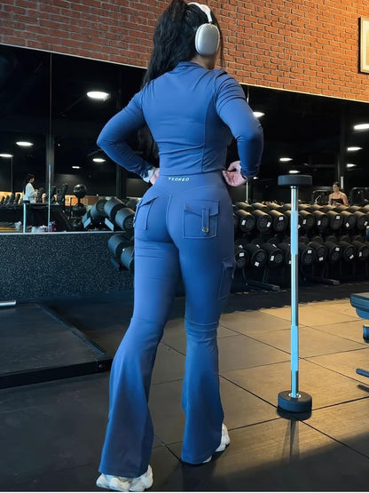YEOREO CoreFlex Women Workout Flare Leggings with Pockets Hidden Scrunch High Waisted Cargo Gym Yoga Leggings Navy L
