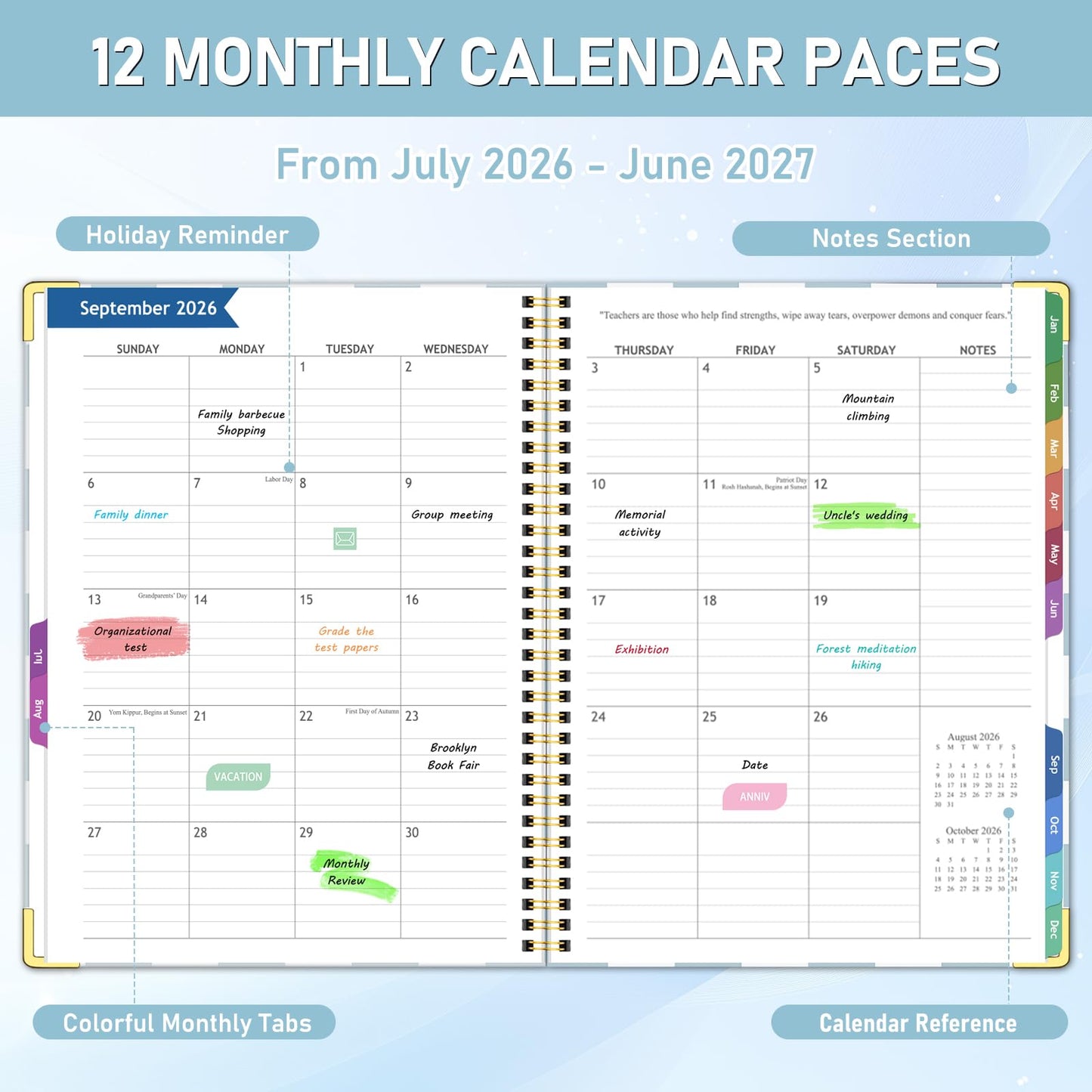 Teacher Planner 2026-2027, Jul 2026-Jun 2027 Academic Year, 8.5" x 11" Lesson Planner Book for Teacher Calendar, Spiral Bound Planners, Planning Stickers, Colorful Monthly Tabs, BlueCheckered