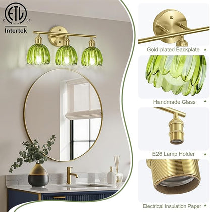 Vintage Bathroom Light Fixtures,3-Light Hardwired Vanity Lights Over Mirror,Gold Wall Sconces with Green Tulip Glass Shade for Bathroom Living Room,E26 Socket(Bulbs Not Included)