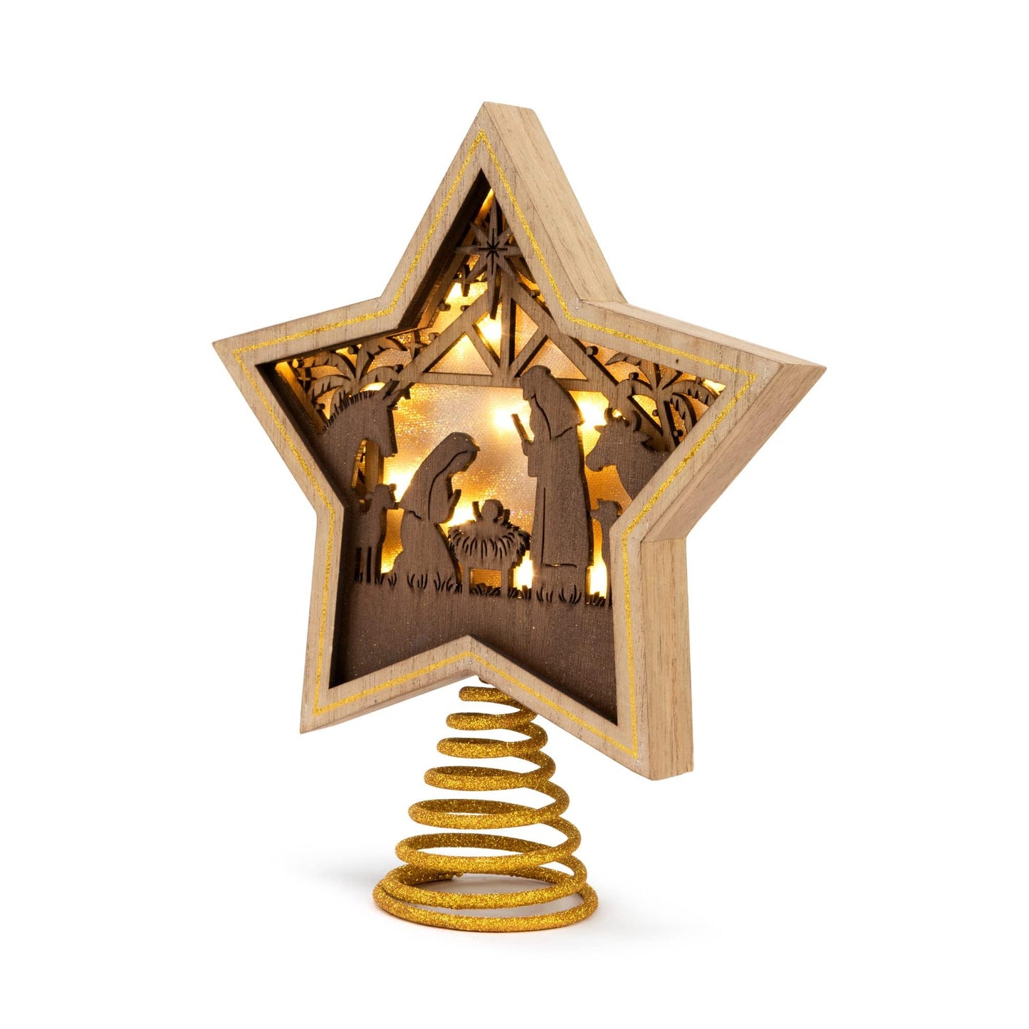 DEMDACO Lit Star Nativity Tree Topper - Glowing Gold Accented Wooden Star for Beautiful Holiday Charm - Christmas Tree Topper - Warm LED Shadow Box - Cutout Nativity Scene
