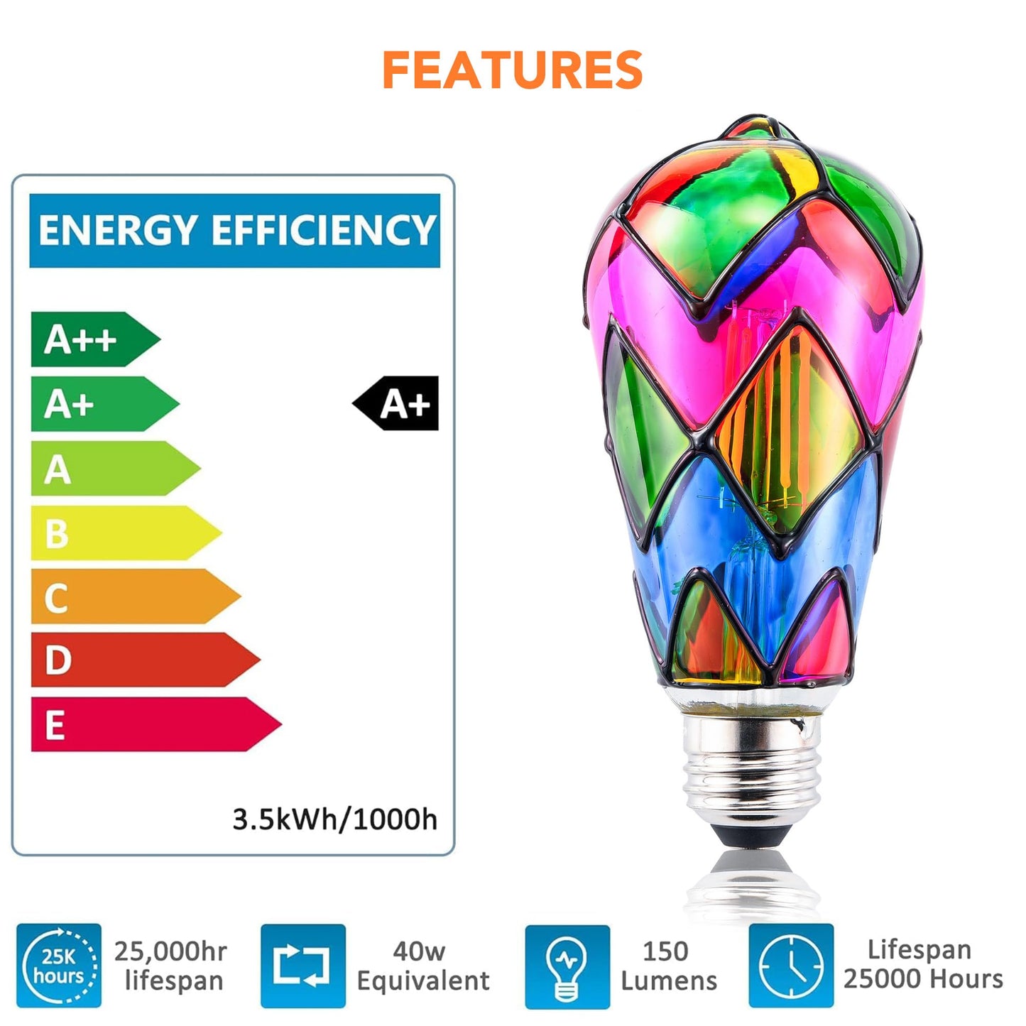 Kitmose 4 Pack Stained Glass Light Bulbs, LED Edison Light Bulb E26 3.5W Replacement Light Bulbs Tiffany Style for Bedroom Living Room Home Christmas Decoration
