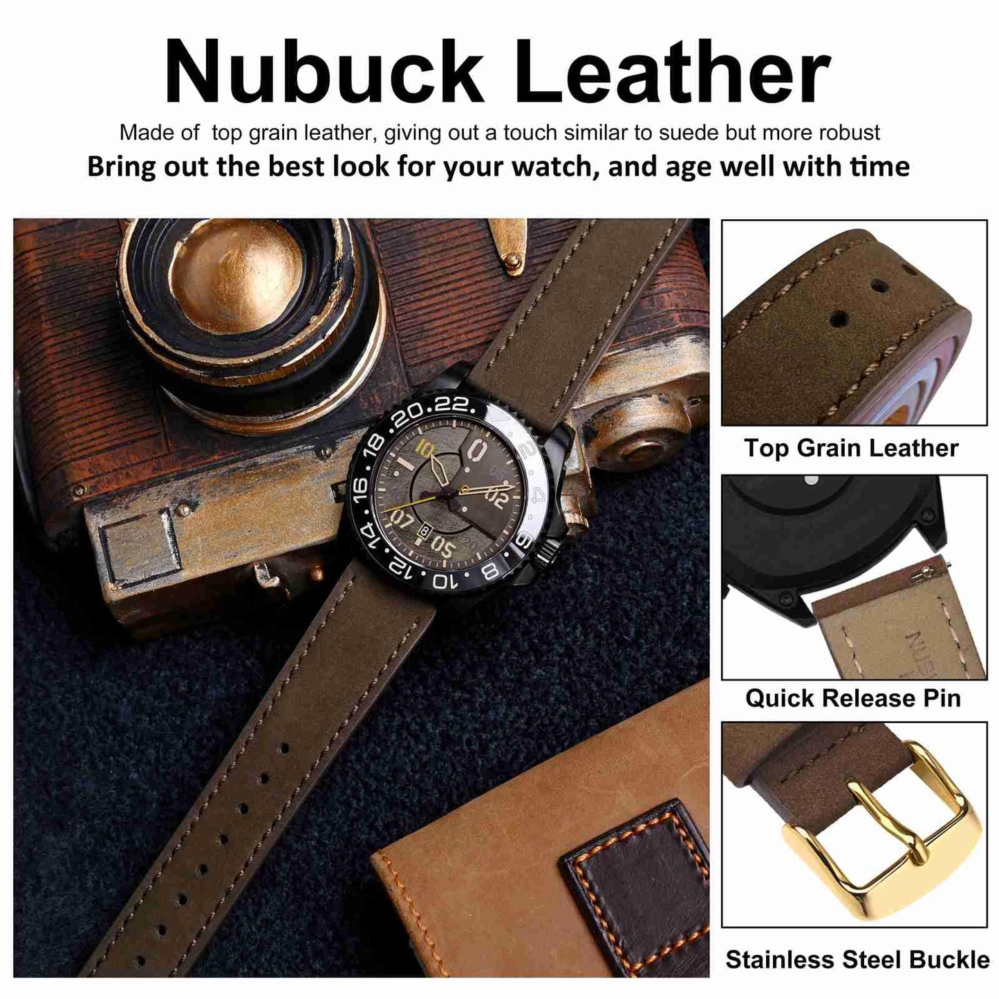 WOCCI 22mm Retro Leather Watch Band for Men and Women, Quick Release Replacement Strap with Golden Buckle (Dark Brown)