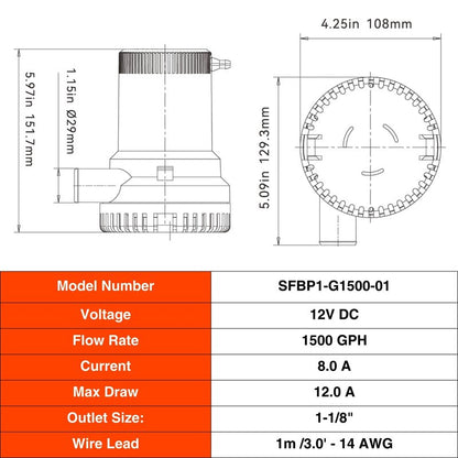 SEAFLO 01 Series 1500 GPH Bilge Pump – 12V, 1-1/8" Outlet, Marine Submersible Pump with Anti-Airlock Protection, CE & Rohs Certified, 4-Year Warranty | Reliable for Boats and Marine Applications