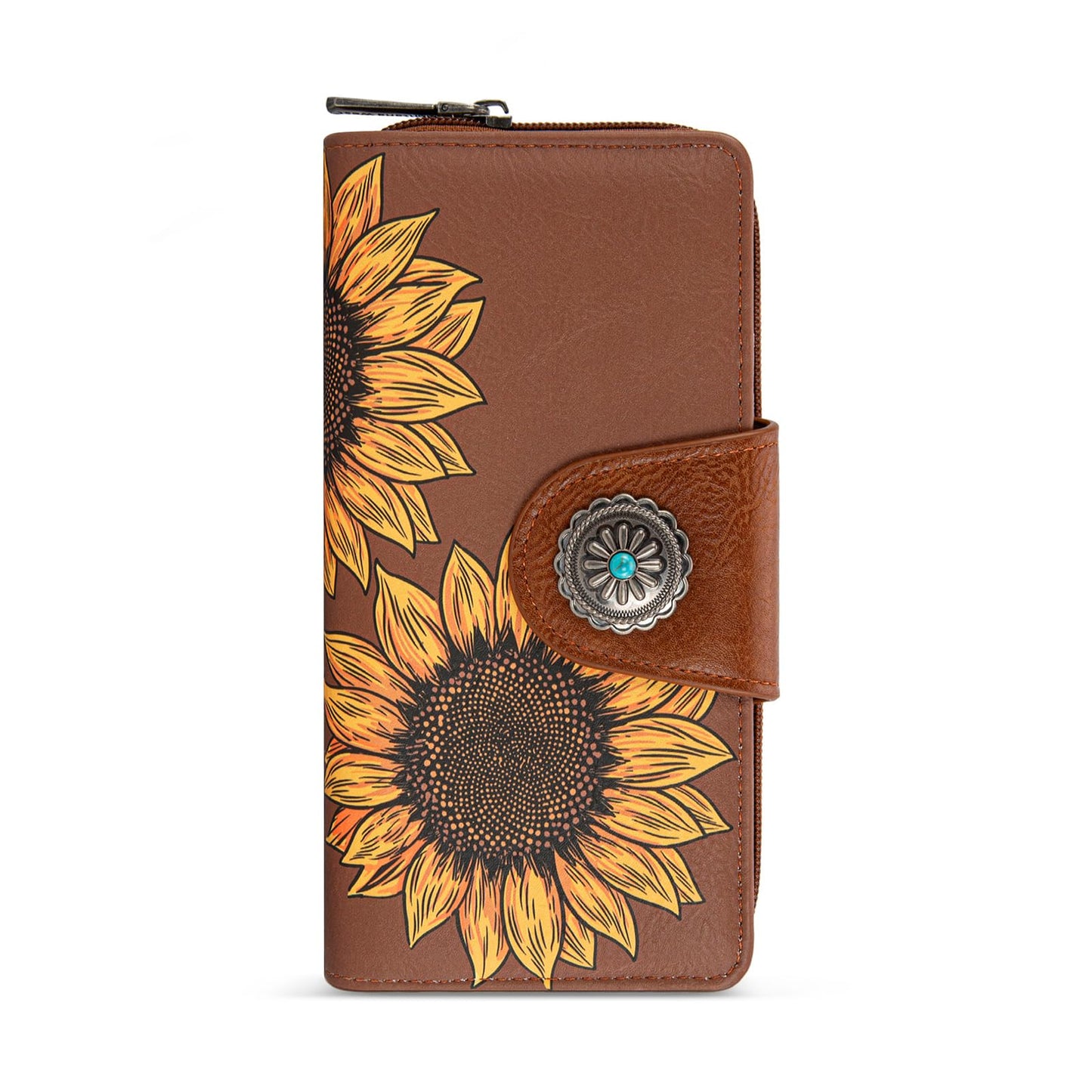 Montana West Brown Sunflower Wallets for Women RFID Blocking Wallet Large Capacity Phone Clutch Wallet Ladies Female Western Bifold Wallets with Coin Purse