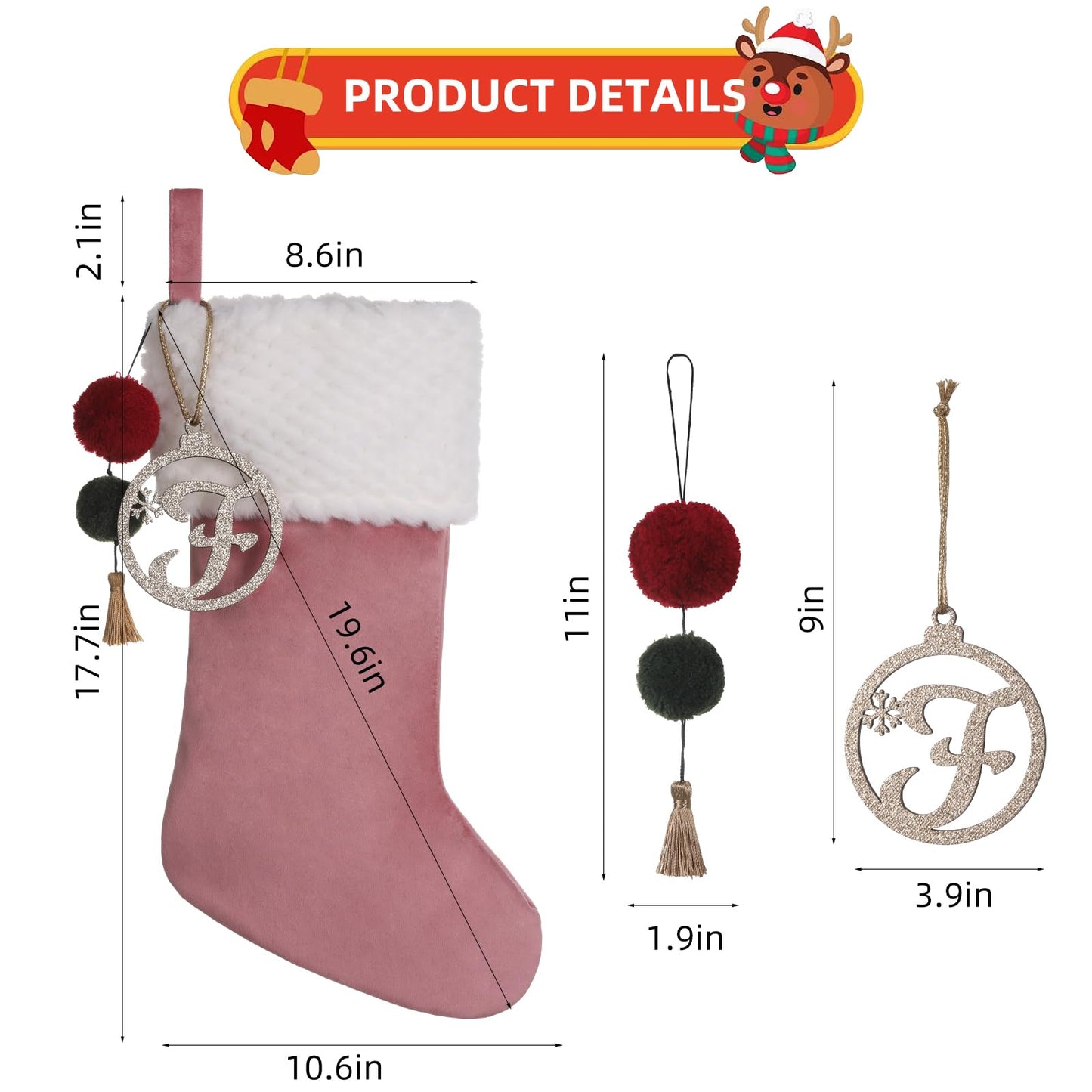 Pxniy Personalized Gold Wooden Initial Christmas Stocking, 19.5 inches Velvet Christmas Stocking with pom poms,Christmas Decorations for Xmas Fireplace Holiday Party(Pink A)
